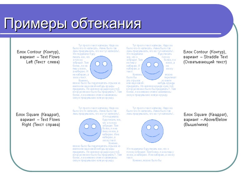Примеры обтекания Блок Contour (Контур), вариант – Text Flows  Left (Текст слева) Блок